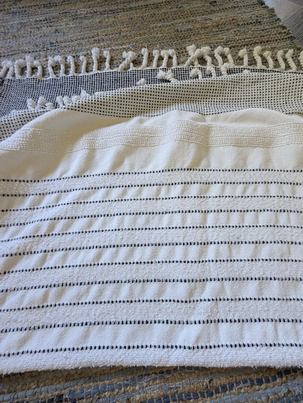 Black White Striped Cotton Throw Blanket Tassel 46x70 Farmhouse Boho Textured